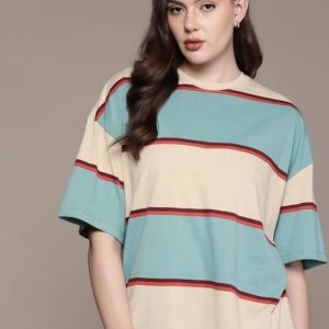 Roadster Women Striped Round Neck Cotton Blend Blue T-Shirt