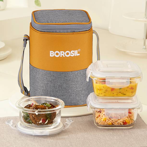 BOROSIL Zest Borosilicate Glass Lunchbox, 3pc Set (320m...