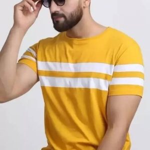 FASHA Men Striped Round Neck Polycotton Yellow T-Shirt