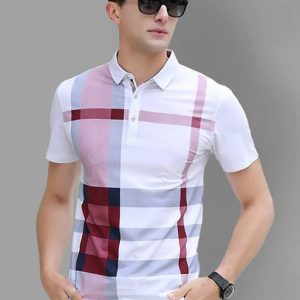AUSK Men Striped Polo Neck Cotton Blend White, Maroon T-Shir...