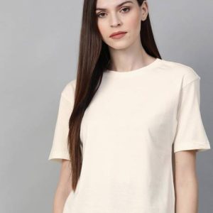Roadster Women Solid Round Neck Pure Cotton White T-Shirt