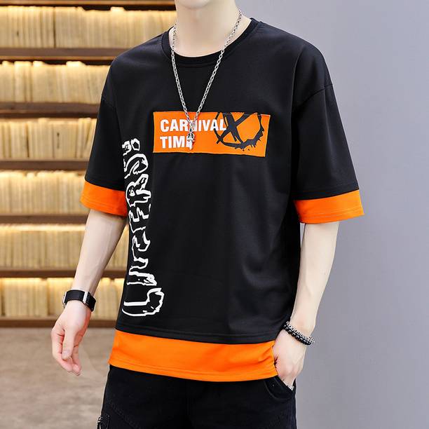 NB NICKY BOY Men Printed Round Neck Cotton Blend Black T-Shirt