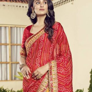 Satrani Embroidered, Embellished, Printed Bandhani Chiffon Sare...