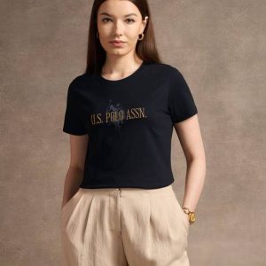 U.S. POLO ASSN. Women Printed Crew Neck Pure Cotton Black T-Shirt