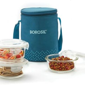 BOROSIL Teal Lunch Box with Bag, 3 Pc (400 ml x 3 Round...