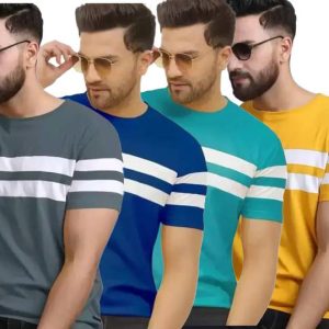 DIAZ Pack of 4 Men Striped Round Neck Cotton Blend Multicolo...