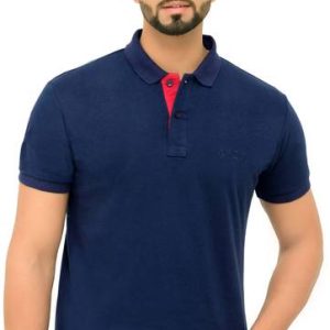 3BROS Men Solid Polo Neck Cotton Blend (220 gsm) Navy Blue T-...