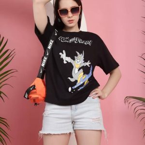 DreamBe Women Printed Round Neck Cotton Blend Black T-Shirt