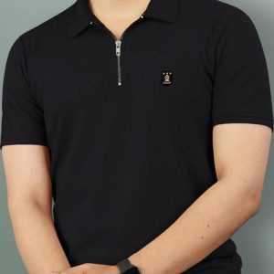 VeBNoR Men Self Design Polo Neck Polyester Black T-Shirt