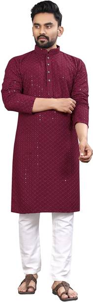 ALMORA Men Embroidered Cotton Rayon A-line Kurta