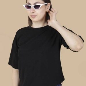 VDTREND Women Solid Round Neck Wool Blend Black T-Shirt