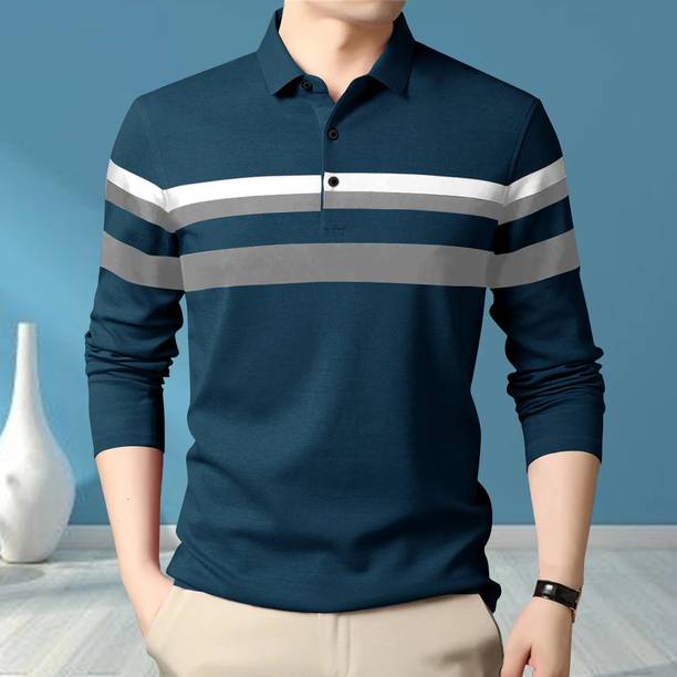 SCOWET Men Colorblock Polo Neck Cotton Blend Blue T-Shirt
