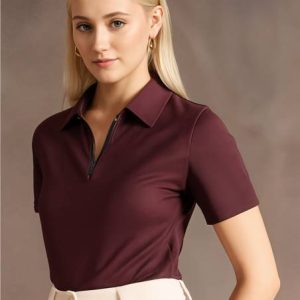 MACK JONNEY Women Self Design Polo Neck Cotton Blend Maroon T-Shirt