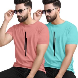 KAJARU Pack of 2 Men Striped Round Neck Polyester Pink, Blue T...