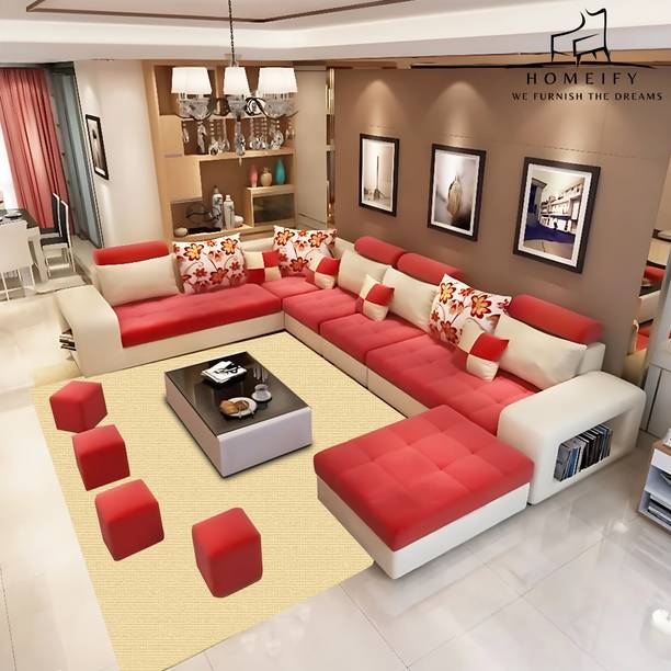 Homeify Carlo 9 Seater Fabric Sofa Set with 4-Puffy Con...