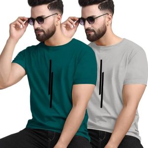KAJARU Pack of 2 Men Striped Round Neck Polyester Grey, Dark G...