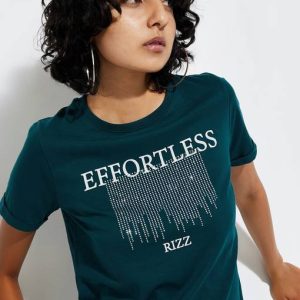 MAX URB_N Women Printed Round Neck Pure Cotton Blue T-Shirt