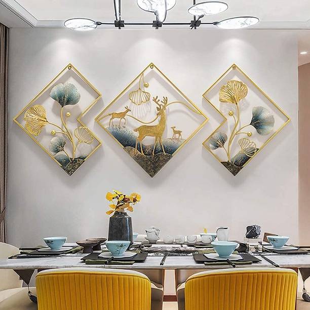 Zahara Metal Wall Art Set of 3 With Deer Wall Hanging F...