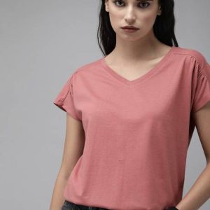 Roadster Women Solid V Neck Pure Cotton Pink T-Shirt