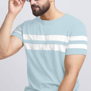 AUSK Men Striped Round Neck Cotton Blend White, Light Blue T...