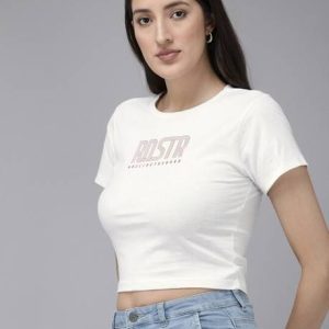 Roadster Women Graphic Print Round Neck Cotton Blend White T-Shi...