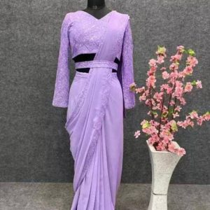 Pionex Embroidered, Solid/Plain Bollywood Chiffon Saree