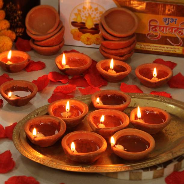 TIED RIBBONS Large Size Diwali Clay Diyas Handmade Deco...