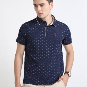 Stellers Men Printed Polo Neck Polyester Navy Blue T-Shirt