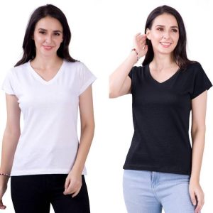 FASHINKS Pack of 2 Women Solid V Neck Cotton Blend Black, White ...
