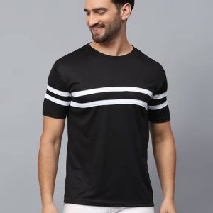 MYO Men Striped Round Neck Cotton Blend Black T-Shirt