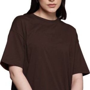 Leotude Women Solid Round Neck Cotton Blend Brown T-Shirt