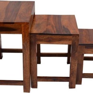 JeenWood Solid Sheesham Wood Nesting Table Stool Set of...