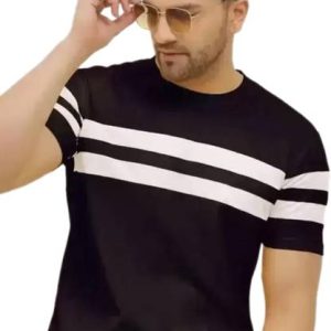 DIAZ Men Striped Round Neck Polycotton Black T-Shirt