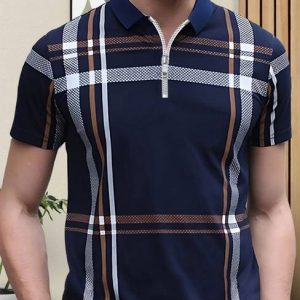 AUSK Men Checkered Polo Neck Cotton Blend Navy Blue T-Shirt