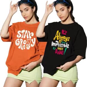Leotude Women Printed Round Neck Cotton Blend Multicolor T-Shir...