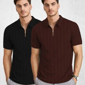 KAJARU Pack of 2 Men Self Design Polo Neck Polyester Brown, Bl...