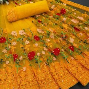 YUG ART Embroidered Bollywood Net Saree