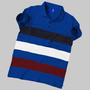 TB Blue Men Striped Polo Neck Cotton Blend Blue T-Shirt