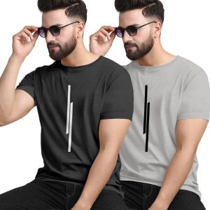 KAJARU Pack of 2 Men Striped Round Neck Polyester Black, Grey ...