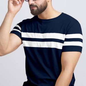 AUSK Men Striped Round Neck Cotton Blend White, Blue T-Shirt