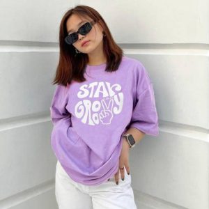 CULPI Women Printed Round Neck Cotton Blend Purple T-Shirt
