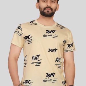 sti Men Printed Round Neck Polyester Beige T-Shirt