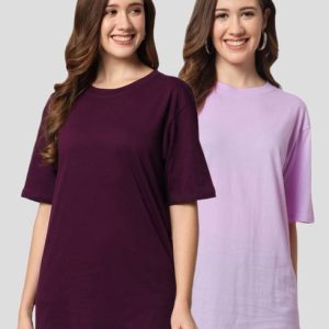 FUNDAY FASHION Pack of 2 Women Solid Round Neck Cotton Blend Purple T-...