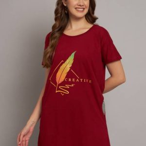 AD FASHION Women Printed Round Neck Cotton Blend Maroon T-Shirt