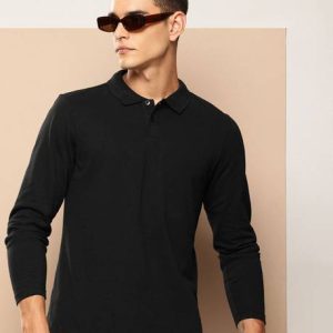 encore by INVICTUS Men Solid Polo Neck Cotton Blend Black T-Shirt
