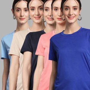 InkTees Pack of 5 Women Solid Round Neck Polyester Multicolor T...