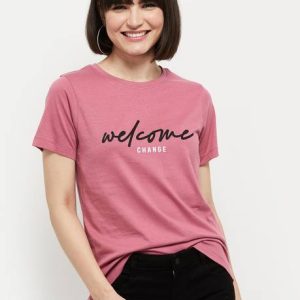 MAX Women Printed Round Neck Pure Cotton Pink T-Shirt
