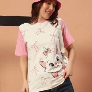 THE DRY STATE Women Printed Round Neck Pure Cotton Pink, White T-Shir...
