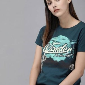 Roadster Women Printed Round Neck Pure Cotton Green T-Shirt