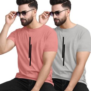 KAJARU Pack of 2 Men Striped Round Neck Polyester Pink, Grey T...